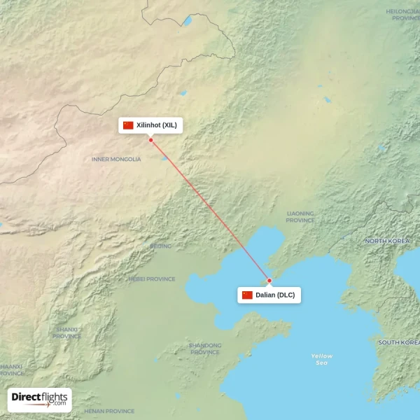 Dalian - Xilinhot direct flight map