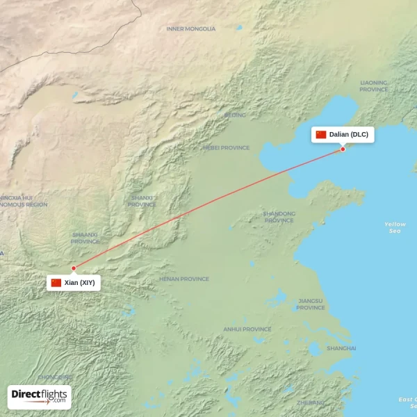 Dalian - Xian direct flight map