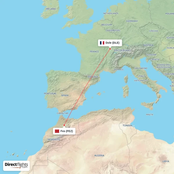 Dole - Fes direct flight map