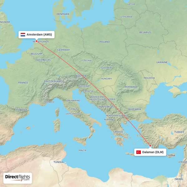 Dalaman - Amsterdam direct flight map