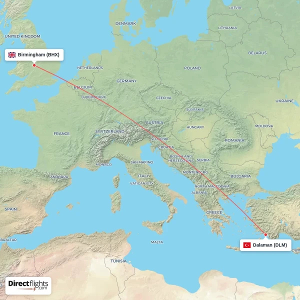 Dalaman - Birmingham direct flight map
