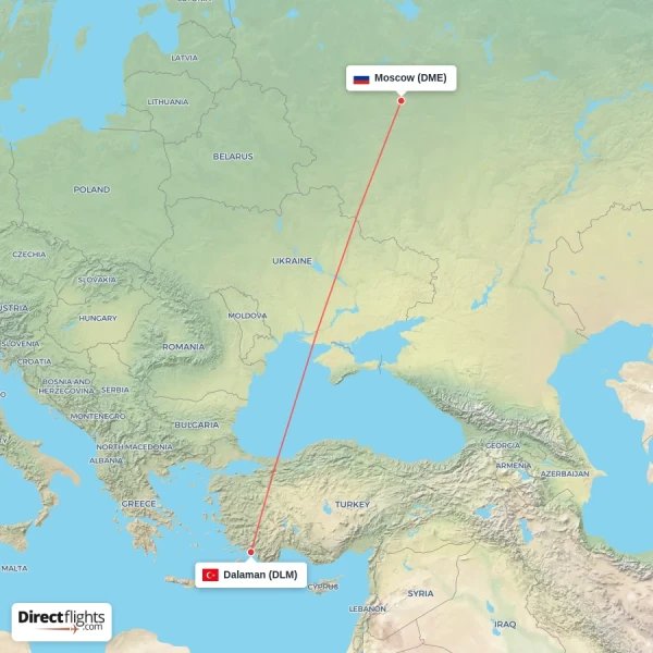 Dalaman - Moscow direct flight map