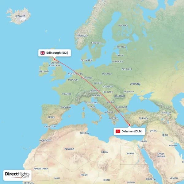 Dalaman - Edinburgh direct flight map