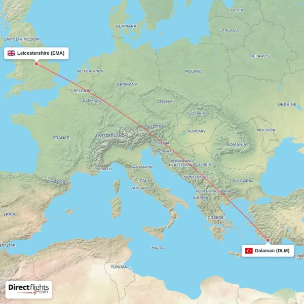 Dalaman - Leicestershire direct flight map