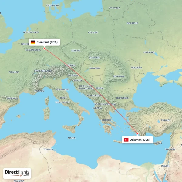 Dalaman - Frankfurt direct flight map