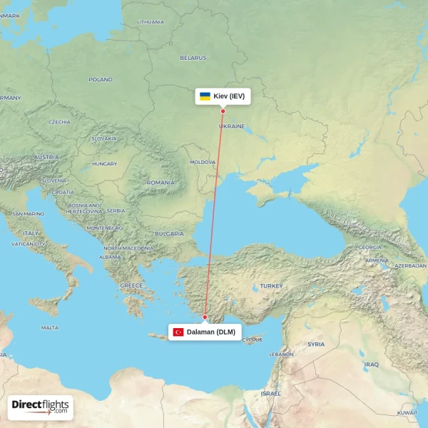 Dalaman - Kiev direct flight map
