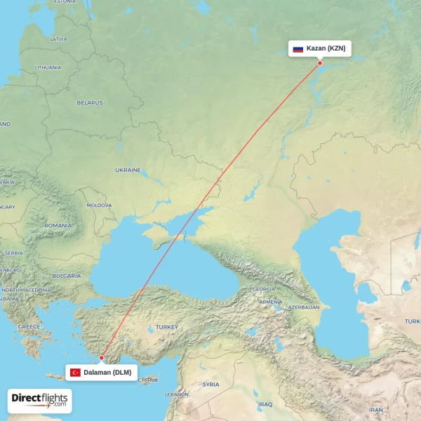 Dalaman - Kazan direct flight map