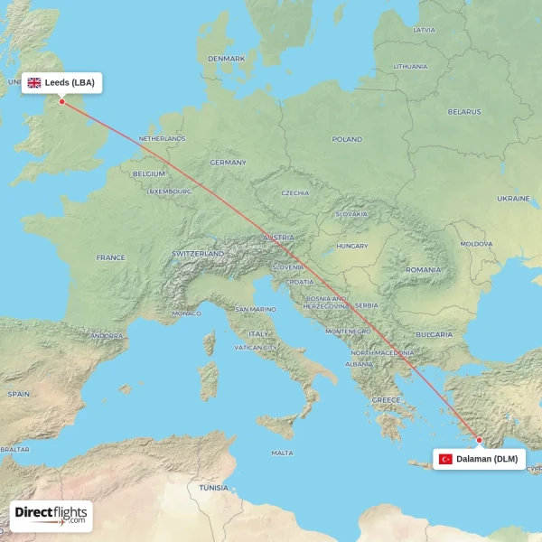 Dalaman - Leeds direct flight map