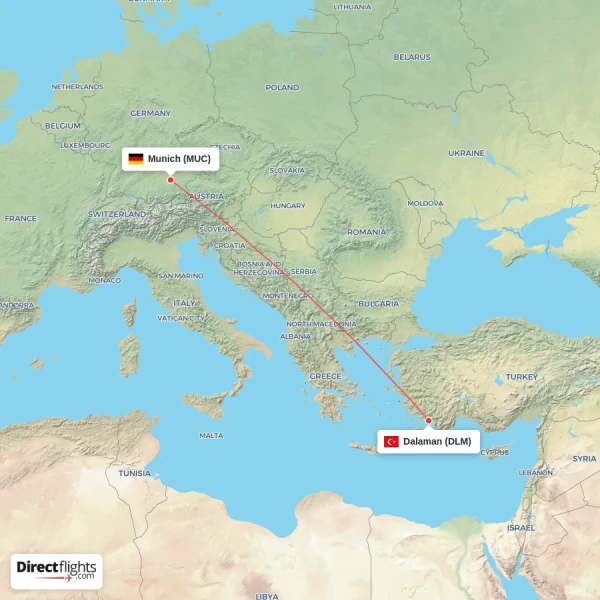 Dalaman - Munich direct flight map