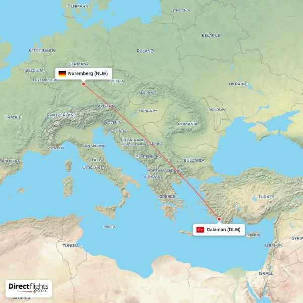 Dalaman - Nuremberg direct flight map
