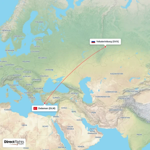 Dalaman - Yekaterinburg direct flight map