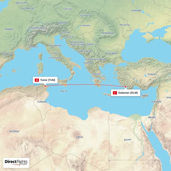 Dalaman - Tunis direct flight map