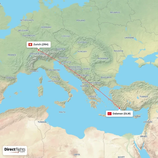 Dalaman - Zurich direct flight map