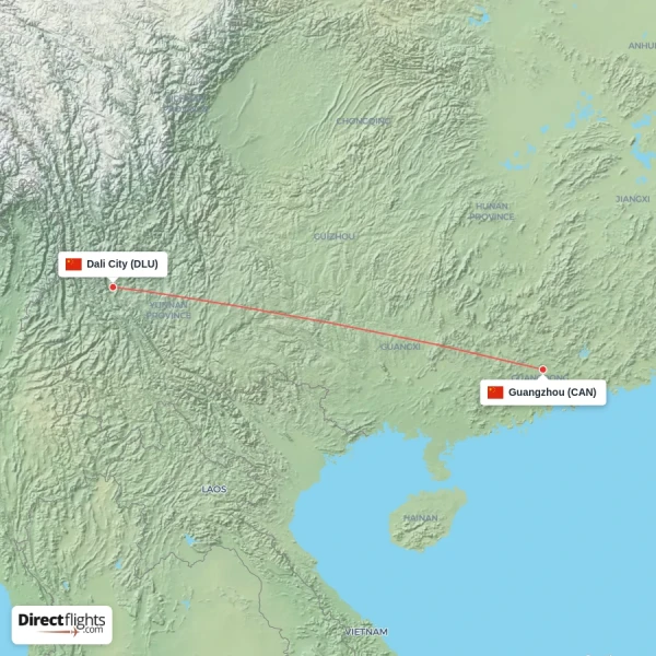 Dali City - Guangzhou direct flight map