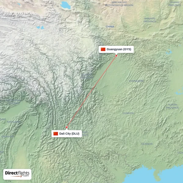 Dali City - Guangyuan direct flight map