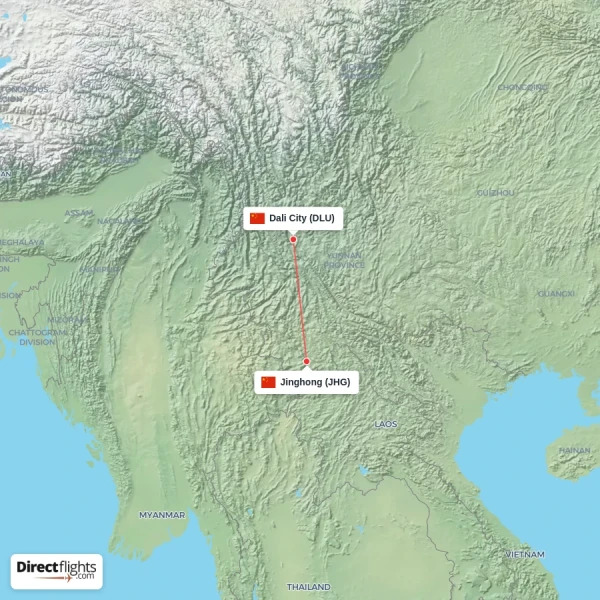 Dali City - Jinghong direct flight map