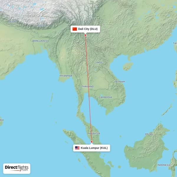 Dali City - Kuala Lumpur direct flight map