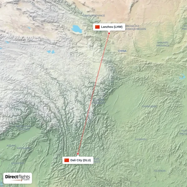 Dali City - Lanzhou direct flight map