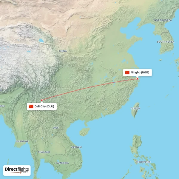 Dali City - Ningbo direct flight map