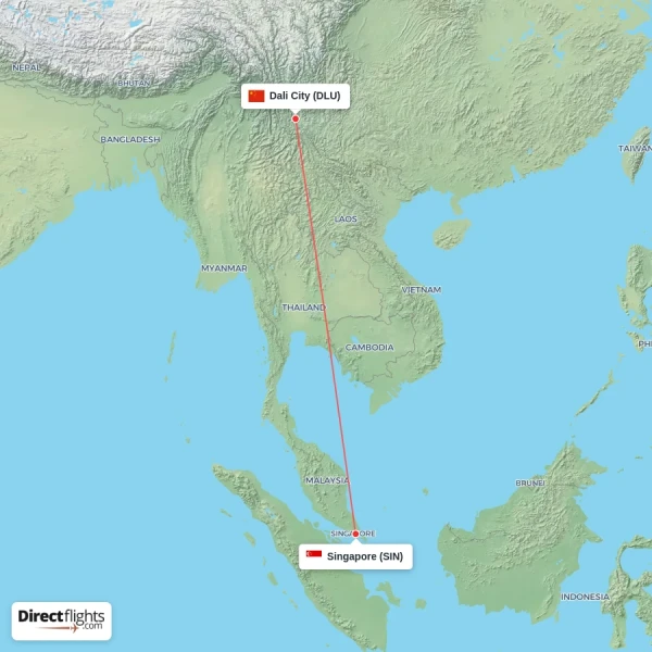 Dali City - Singapore direct flight map