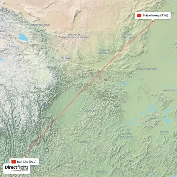Dali City - Shijiazhuang direct flight map