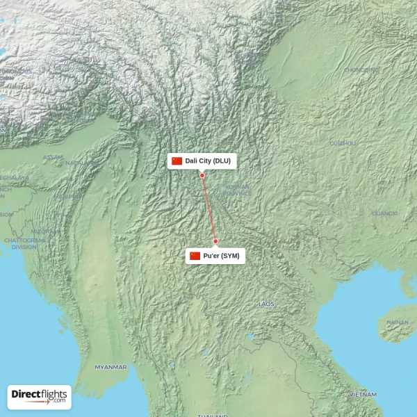 Dali City - Pu'er direct flight map