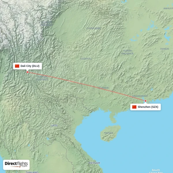 Dali City - Shenzhen direct flight map