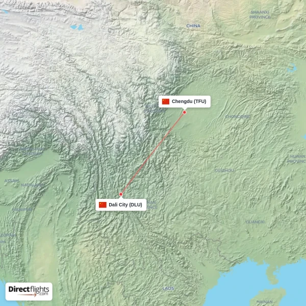 Dali City - Chengdu direct flight map