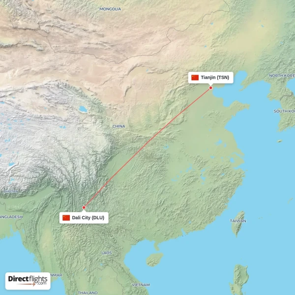 Dali City - Tianjin direct flight map