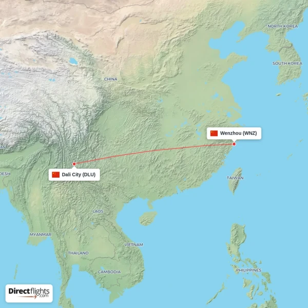 Dali City - Wenzhou direct flight map