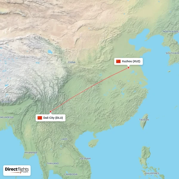 Dali City - Xuzhou direct flight map