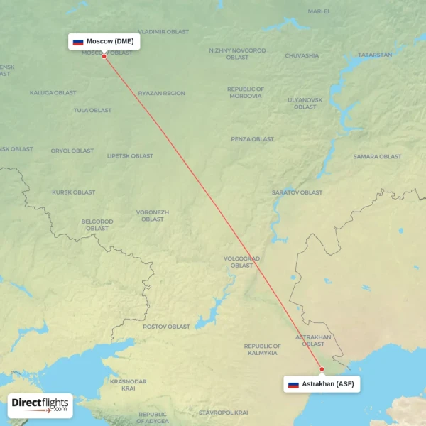 Moscow - Astrakhan direct flight map