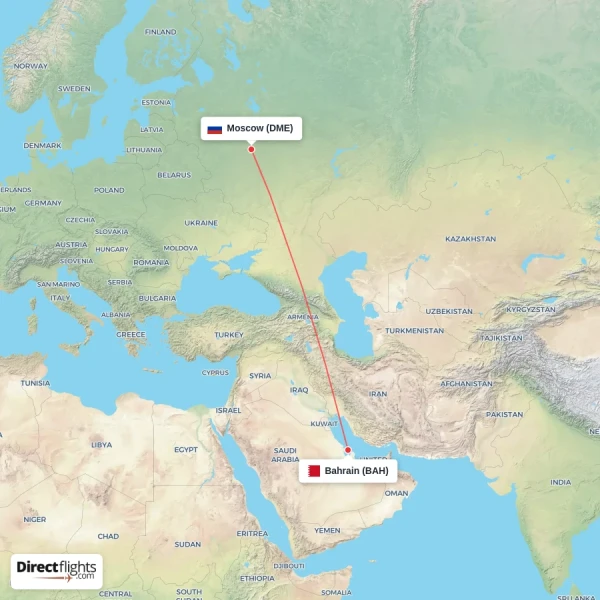 Moscow - Bahrain direct flight map