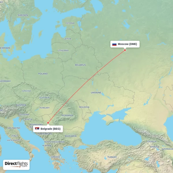 Moscow - Belgrade direct flight map