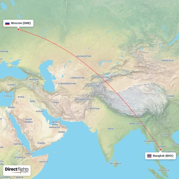 Moscow - Bangkok direct flight map