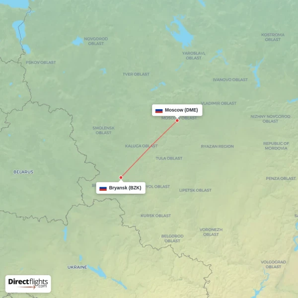 Moscow - Bryansk direct flight map