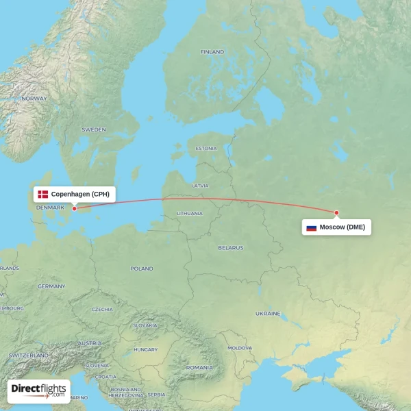 Moscow - Copenhagen direct flight map