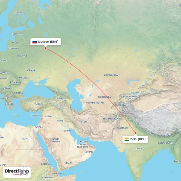 Moscow - Delhi direct flight map