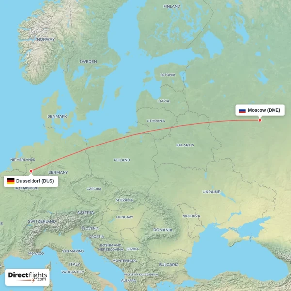 Moscow - Dusseldorf direct flight map
