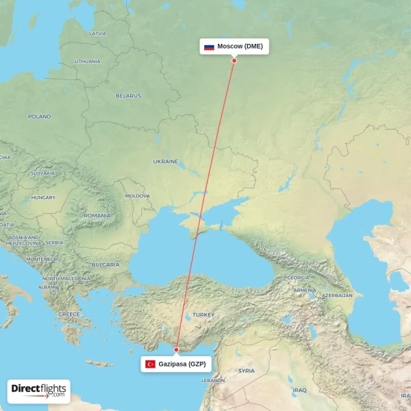 Moscow - Gazipasa direct flight map