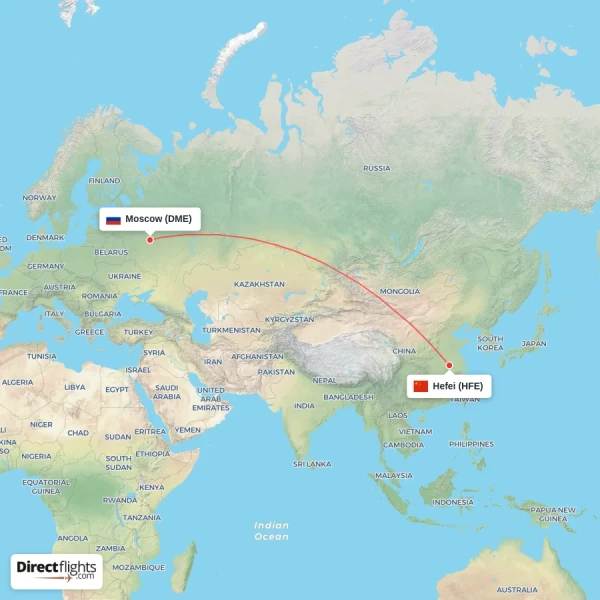 Moscow - Hefei direct flight map