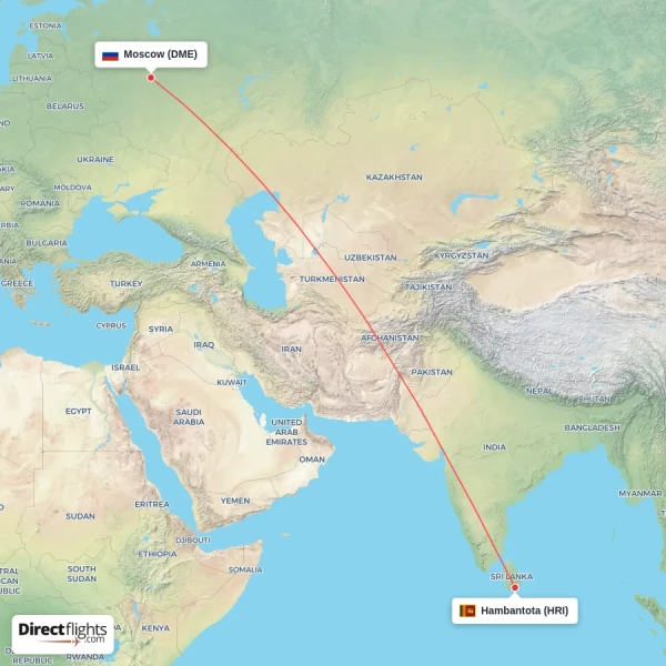 Moscow - Hambantota direct flight map