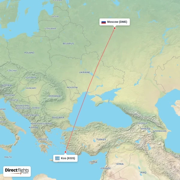 Moscow - Kos direct flight map