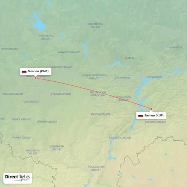 Moscow - Samara direct flight map