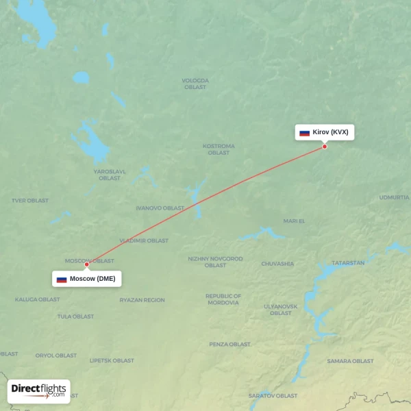 Moscow - Kirov direct flight map