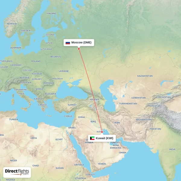 Moscow - Kuwait direct flight map