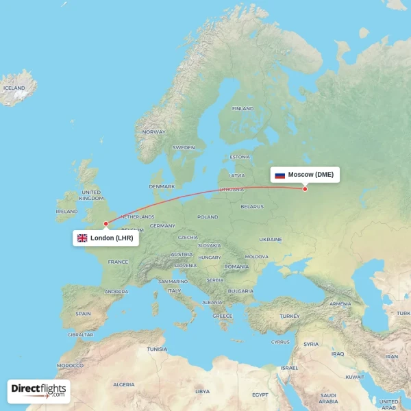 Moscow - London direct flight map