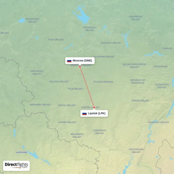 Moscow - Lipetsk direct flight map