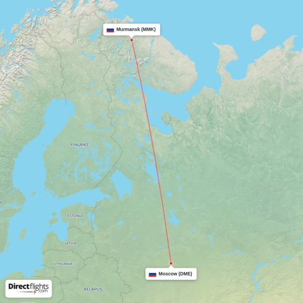 Moscow - Murmansk direct flight map