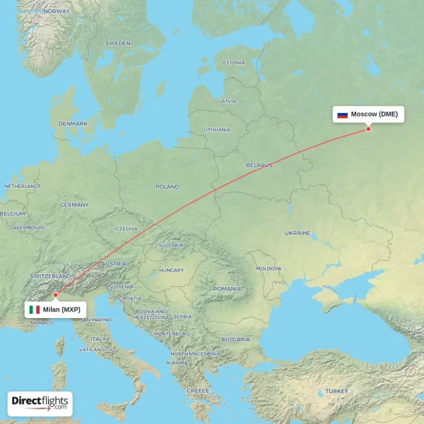Moscow - Milan direct flight map